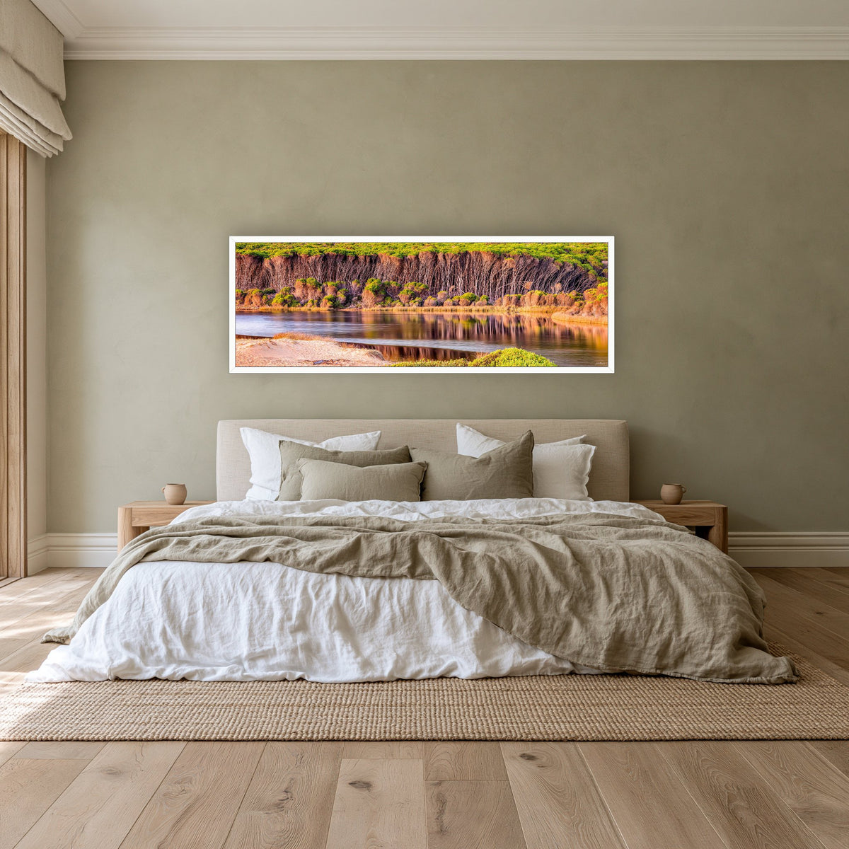 Bournda Lagoon super wide panorama in a white frame above a linen bed on an olive wall — wall art, Sapphire Coast NSW