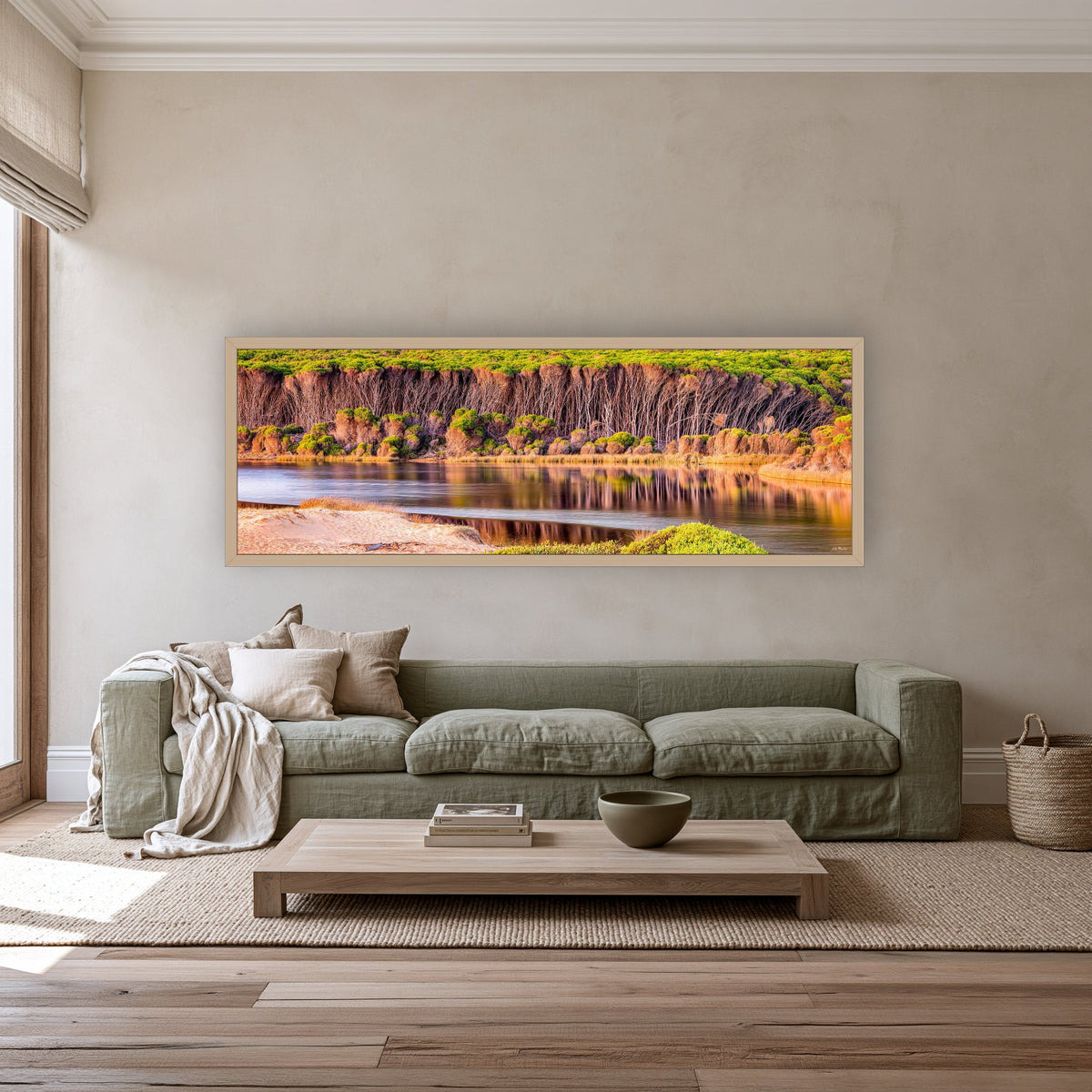 Bournda Lagoon super wide panorama in an oak frame above a sage linen sofa — wall art, Sapphire Coast NSW