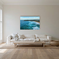Cuttagee Beach acrylic panel wall art in a coastal lounge room