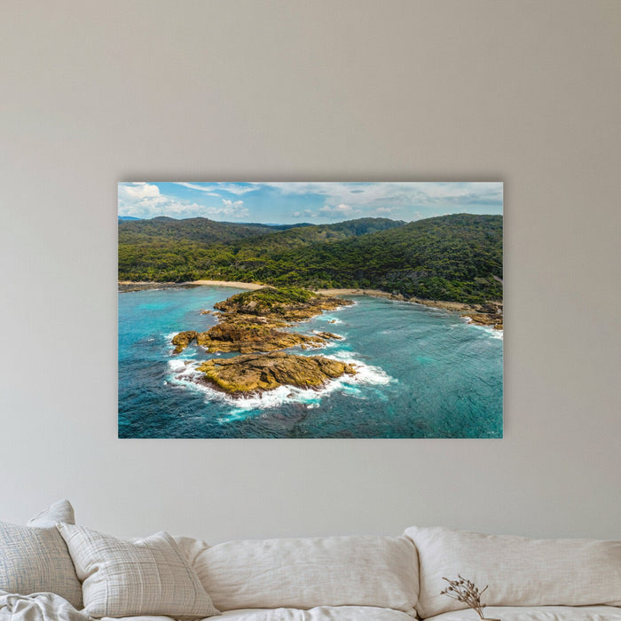 Mimosa Rocks acrylic panel wall art in a coastal lounge room