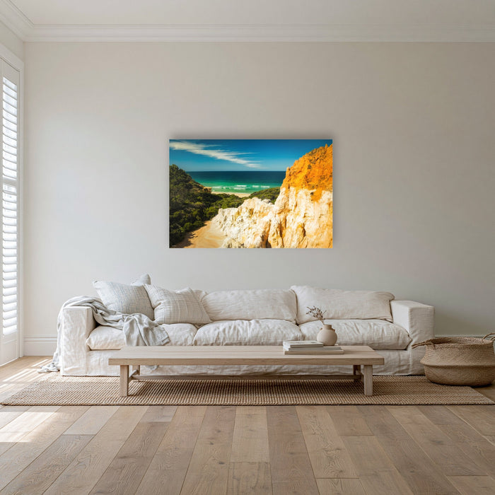 The Pinnacles acrylic panel wall art in a coastal lounge room