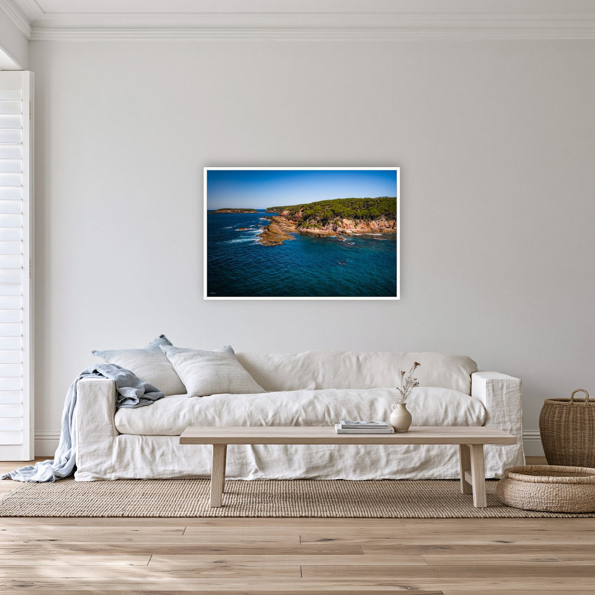 Terrace Beach in a white frame without a mat, on a lounge room wall
