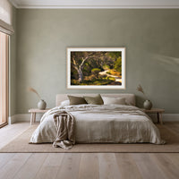 Merimbula Boardwalk framed print in oak with a white mat, above a linen bed against a sage wall in a bedroom