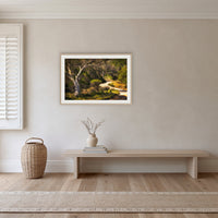 Merimbula Boardwalk framed print in oak with a white mat, in a hallway