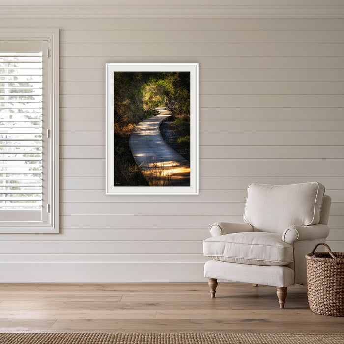 Merimbula Boardwalk — Two framed print in white with a mat, in a coastal lounge room