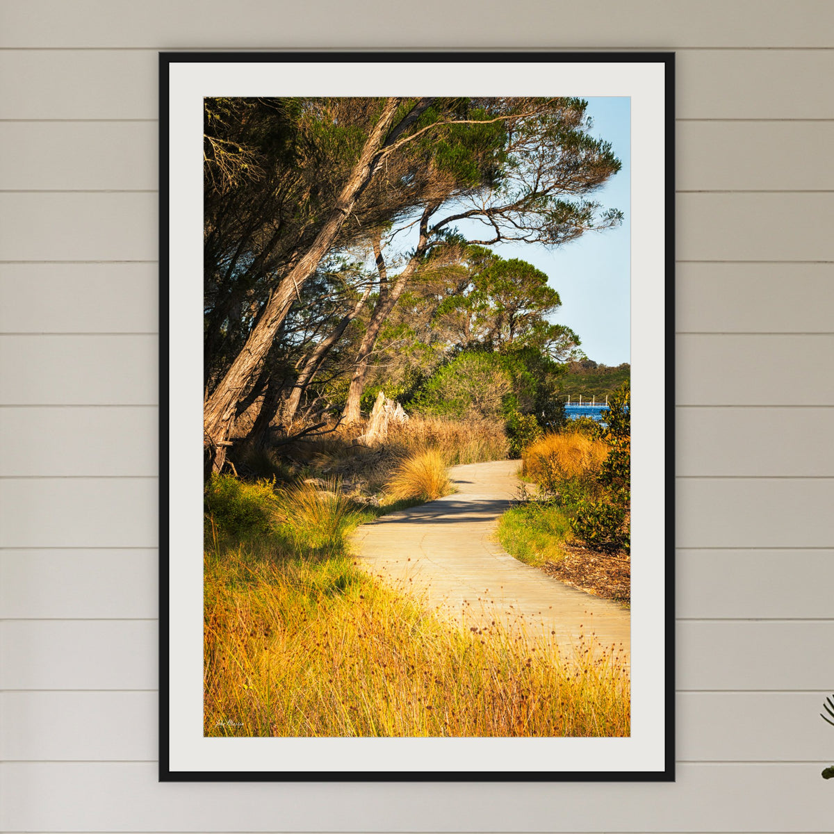 Merimbula Boardwalk Three framed print in black with a white mat, in a coastal bedroom