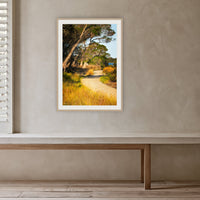 Merimbula Boardwalk Three framed print in oak with a white mat, in a plaster-walled hallway