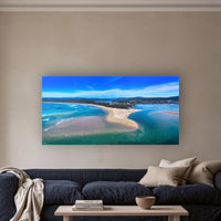 Merimbula Lake wide panorama in acrylic above a navy linen sofa — wall art, Sapphire Coast NSW