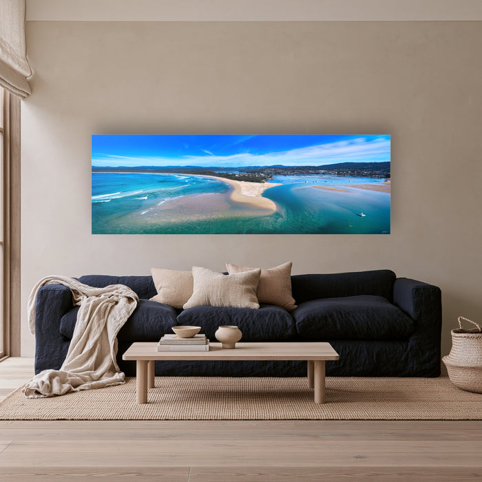 Merimbula Lake super wide panorama in acrylic above a navy linen sofa — wall art, Sapphire Coast NSW