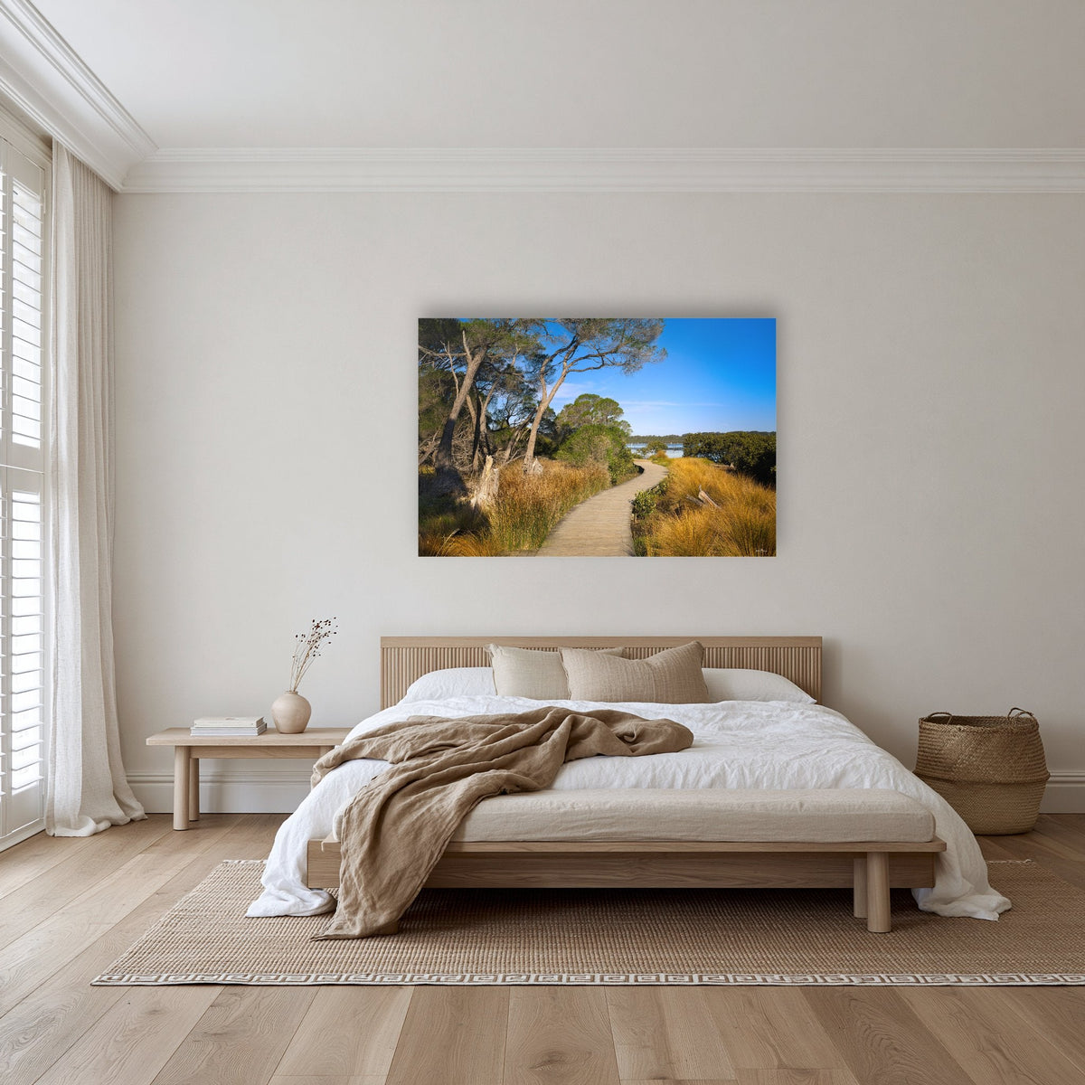 Merimbula Boardwalk — Five acrylic panel wall art in a warm-toned bedroom