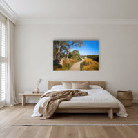 Merimbula Boardwalk — Five acrylic panel wall art in a warm-toned bedroom