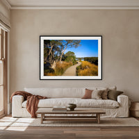 Merimbula Boardwalk through Golden Grasses framed print in black with a white mat, above an oatmeal linen sofa in a lounge room