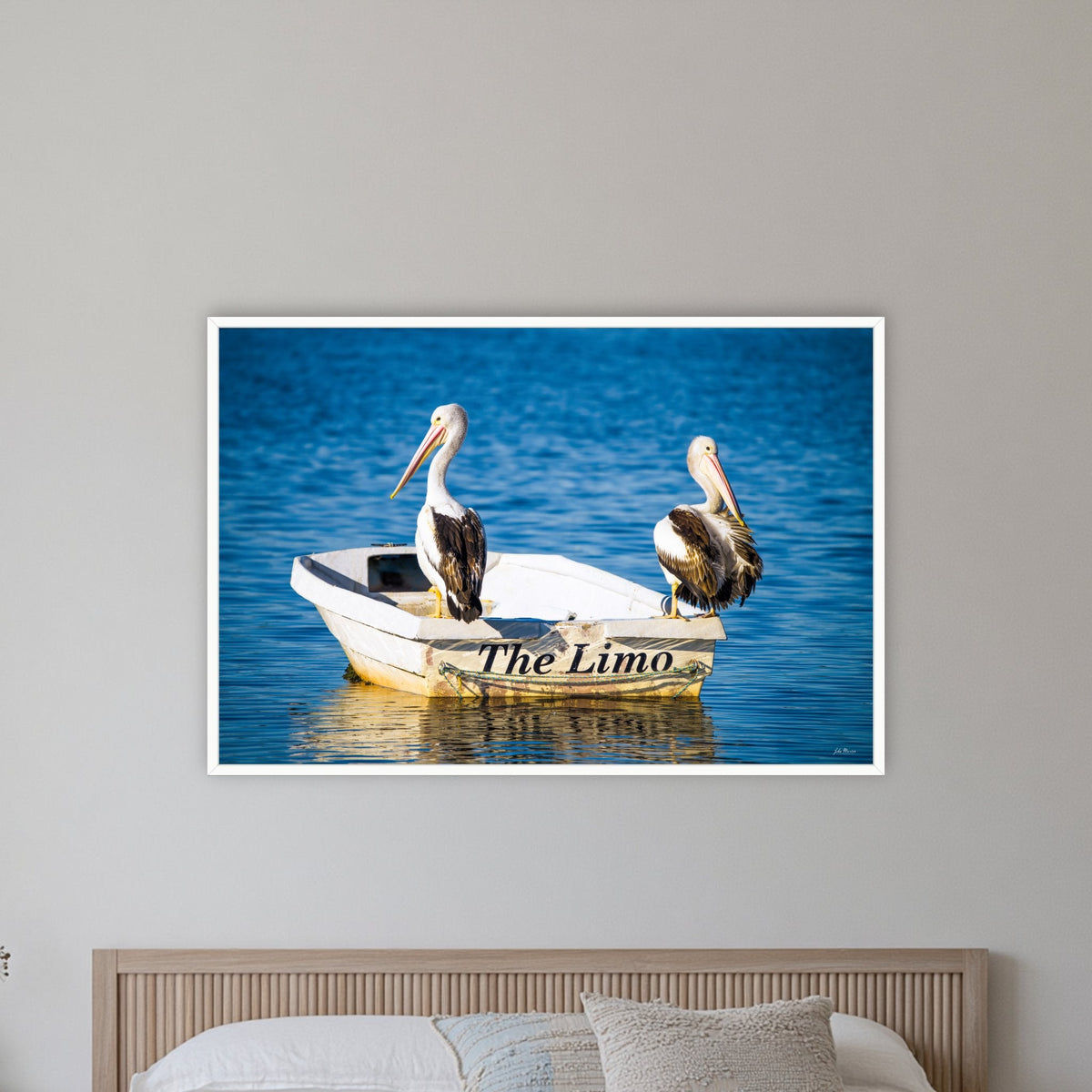 Pelican's Limo in a white frame without a mat, on a coastal bedroom wall
