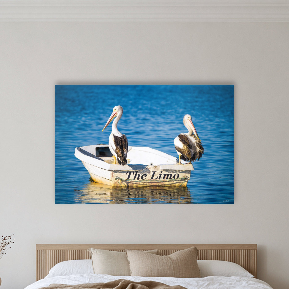 Pelican's Limo acrylic panel wall art in a warm-toned bedroom