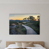 Merimbula Boardwalk — Four acrylic panel wall art in a warm-toned bedroom