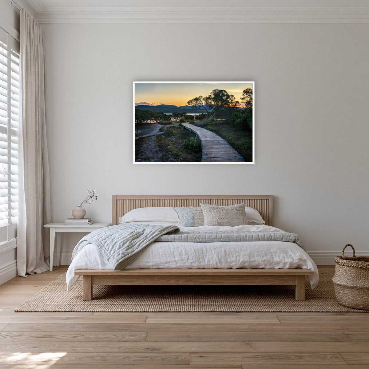 Merimbula Boardwalk — Four in a white frame without a mat, on a coastal bedroom wall