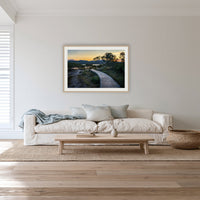 Merimbula Boardwalk — Four framed print in oak with a white mat, in a lounge room