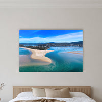 Merimbula Lake and Coastline acrylic panel wall art in a warm-toned bedroom