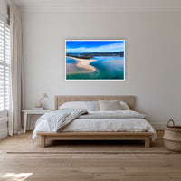 Merimbula Lake and Coastline in a white frame without a mat, on a coastal bedroom wall