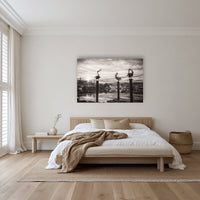 Pelican Sculptures in black and white acrylic panel wall art in a warm-toned bedroom