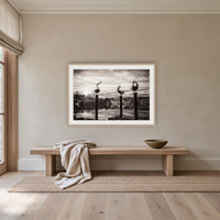 Pelican Sculptures in black and white framed print in oak with a white mat, above an oak bench in a hallway