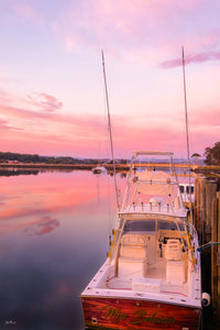 Game fishing boat Miss Behavin at sunrise, Merimbula Marina — fine art print