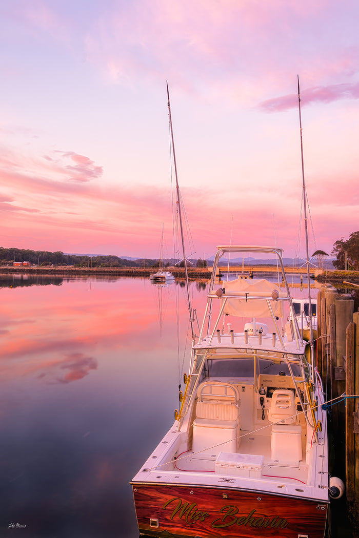 Game fishing boat Miss Behavin at sunrise, Merimbula Marina — fine art print