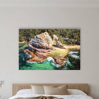 Aslings Beach Rock Pool acrylic panel wall art in a warm-toned bedroom