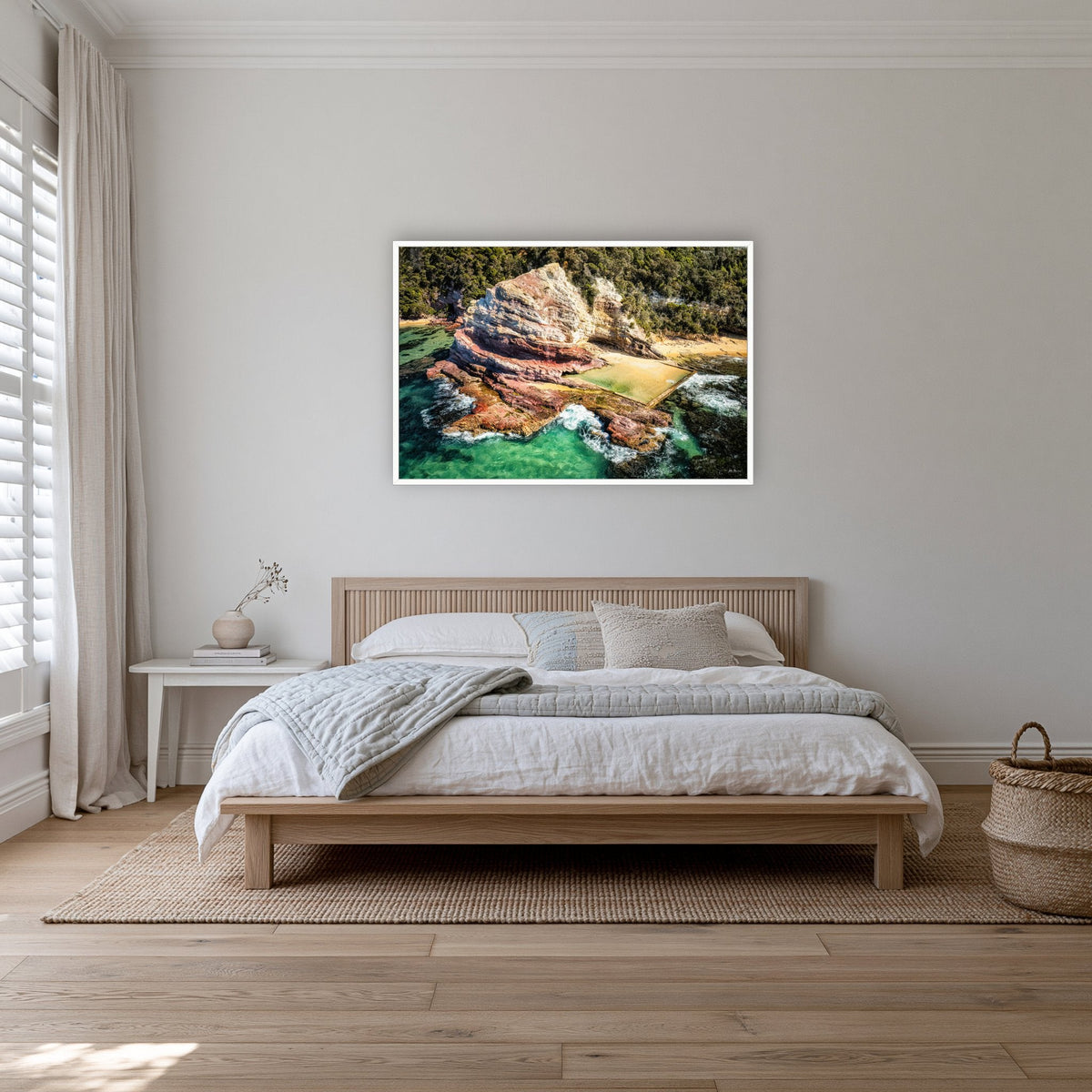 Aslings Beach Rock Pool in a white frame without a mat, on a coastal bedroom wall