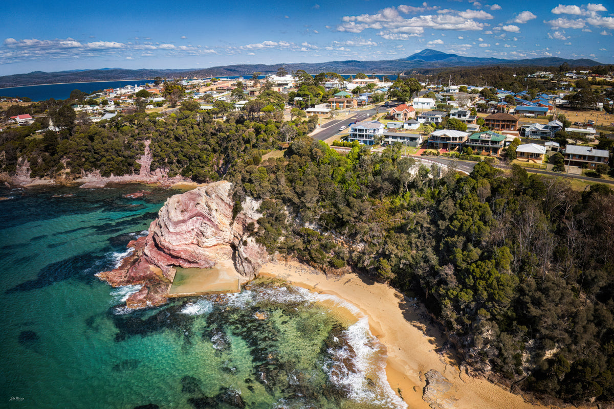 Aslings Beach and the Eden township from the air, Mount Imlay on the horizon — fine art print