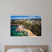 Aslings Beach from the Air in a white frame without a mat, on a coastal bedroom wall