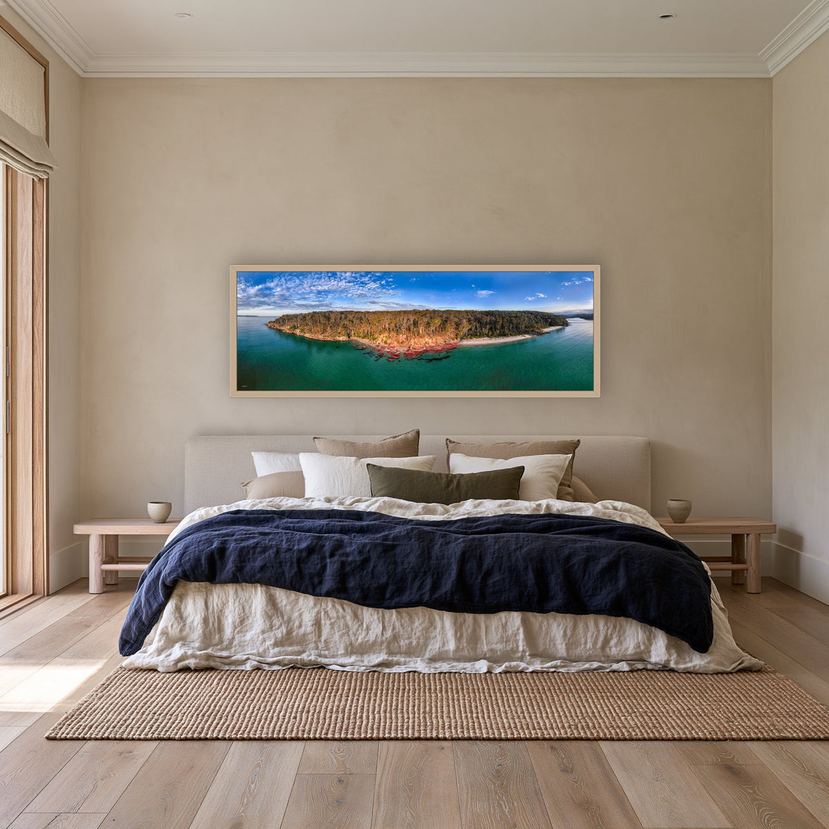 Barmouth Beach Pambula super wide panorama in an oak frame above a linen bed — wall art, Sapphire Coast NSW