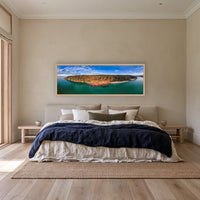 Barmouth Beach Pambula super wide panorama in an oak frame above a linen bed — wall art, Sapphire Coast NSW