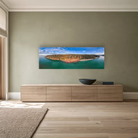 Barmouth Beach Pambula super wide panorama in acrylic above a long oak sideboard — wall art, Sapphire Coast NSW