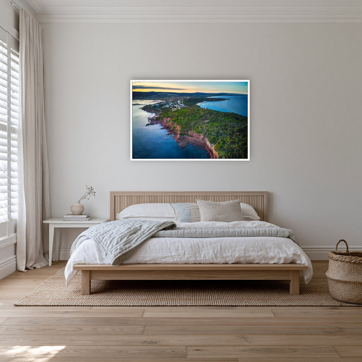 Long Point in a white frame without a mat, on a coastal bedroom wall