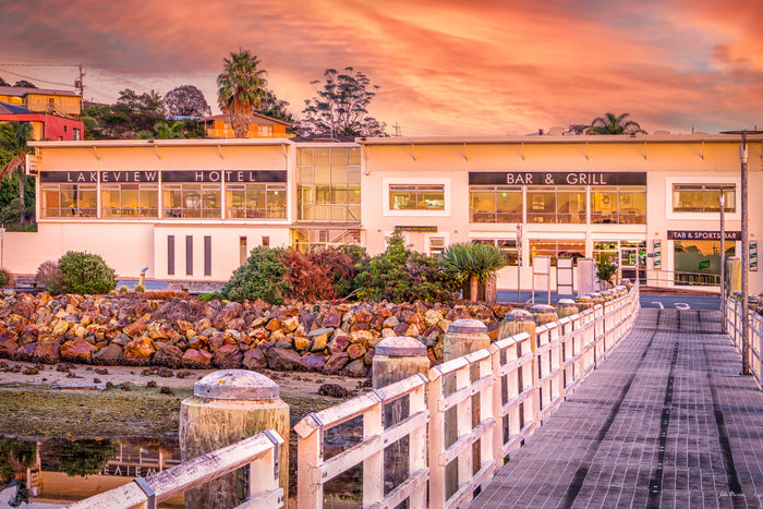 The Lakeview Hotel at sunset above the jetty pilings, Merimbula — fine art print