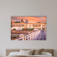 Lakeview Hotel acrylic panel wall art in a bedroom