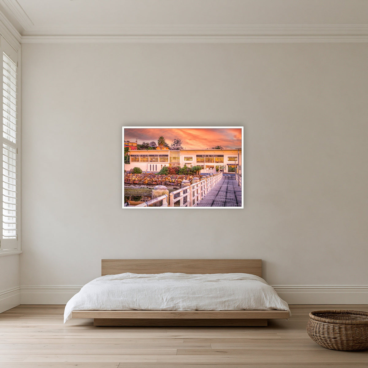 Lakeview Hotel in a white frame without a mat, on a bedroom wall