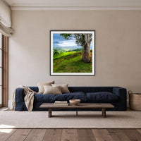 Bega Valley Countryside square framed print in black with a white mat, above a navy linen sofa in a lounge room