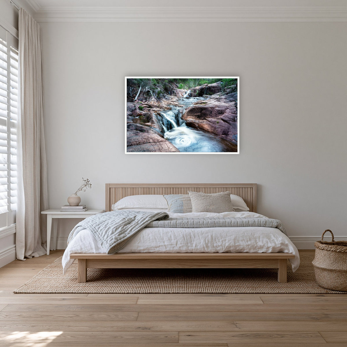 Biamanga Cultural Area in a white frame without a mat, on a coastal bedroom wall