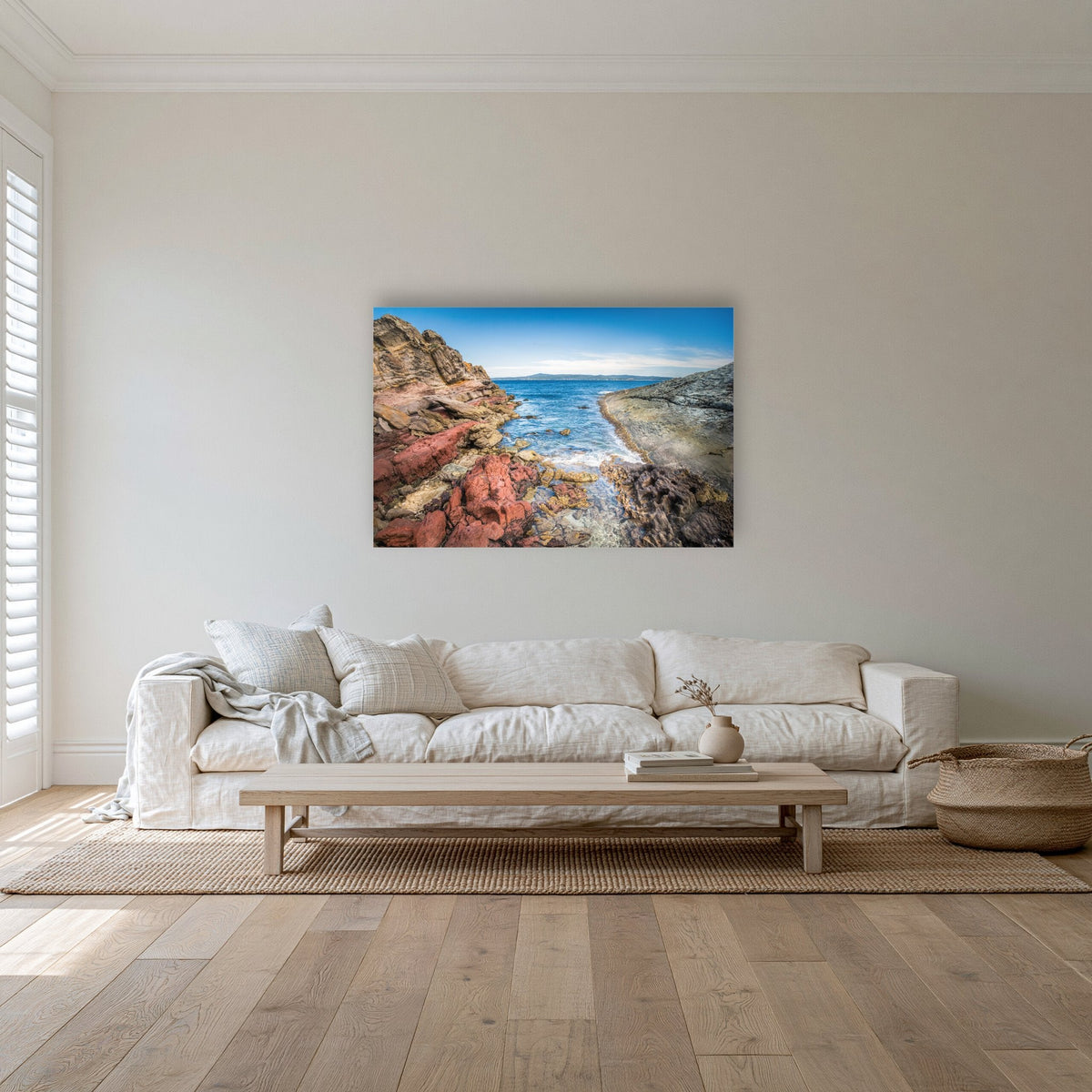 North Head Worang Point acrylic panel wall art in a coastal lounge room