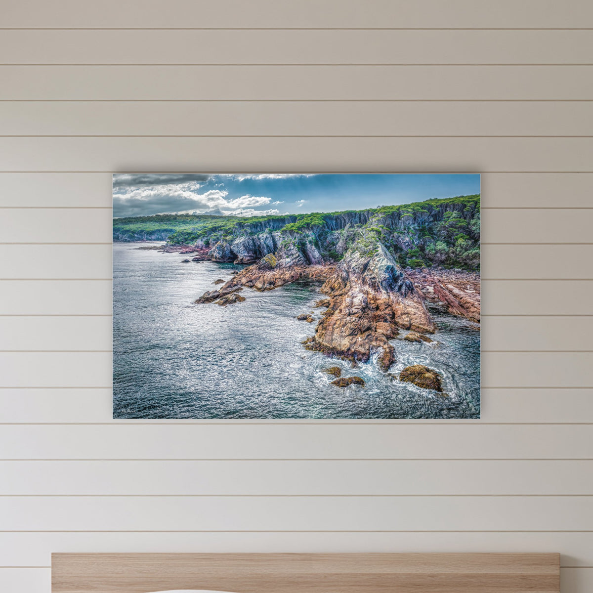 North Head Worang Point acrylic panel wall art in a shiplap-panelled bedroom