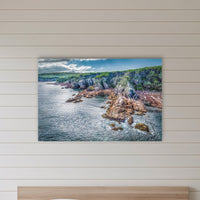 North Head Worang Point acrylic panel wall art in a shiplap-panelled bedroom