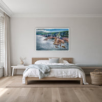 North Head Worang Point in a white frame without a mat, on a coastal bedroom wall