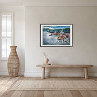 North Head Worang Point framed print in black with a white mat, in a hallway