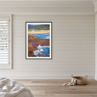 Short Point framed print in black with a white mat, in a coastal bedroom