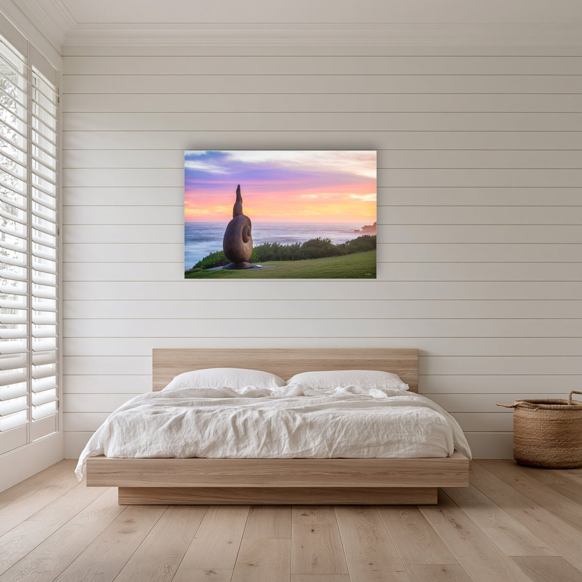 Short Point Sculpture acrylic panel wall art in a shiplap-panelled bedroom