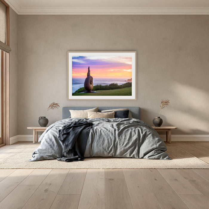 Short Point Sculpture framed print in oak with a white mat, above a dusty blue linen bed in a bedroom