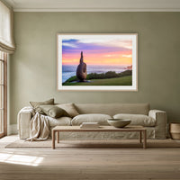 Short Point Sculpture framed print in oak with a white mat, above a linen sofa against a sage wall in a lounge room