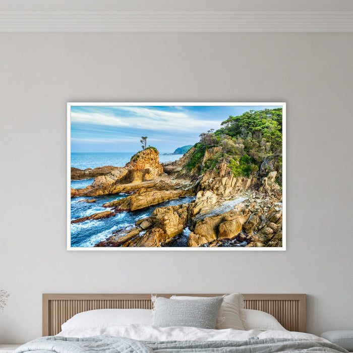 Lone Tree at Cuttagee in a white frame without a mat, on a coastal bedroom wall